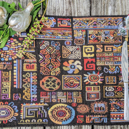 DaDa Bedding Set of 8 Pieces Ethnic Ornaments Table Woven Black Tapestry - 4 Placemats, 2 Table Runners, 2 Throw Pillow Covers (18118)