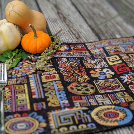 DaDa Bedding Set of 8 Pieces Ethnic Ornaments Table Woven Black Tapestry - 4 Placemats, 2 Table Runners, 2 Throw Pillow Covers (18118)