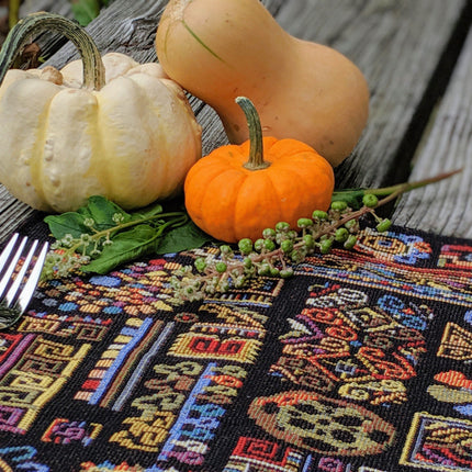 DaDa Bedding Set of 8 Pieces Ethnic Ornaments Table Woven Black Tapestry - 4 Placemats, 2 Table Runners, 2 Throw Pillow Covers (18118)