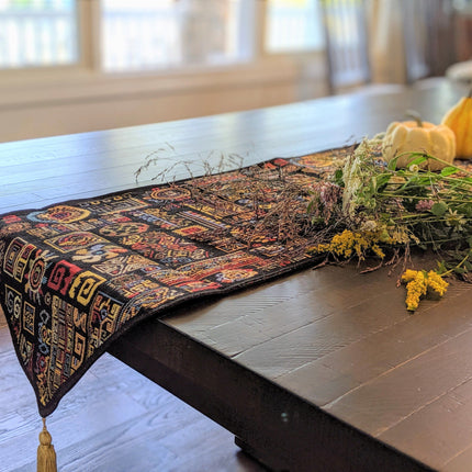 DaDa Bedding Set of 8 Pieces Ethnic Ornaments Table Woven Black Tapestry - 4 Placemats, 2 Table Runners, 2 Throw Pillow Covers (18118)