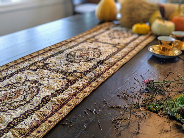 DaDa Bedding Golden Persian Style Rug Floral Brown Elegant Woven Tapestry Dining Table Runner (18119)