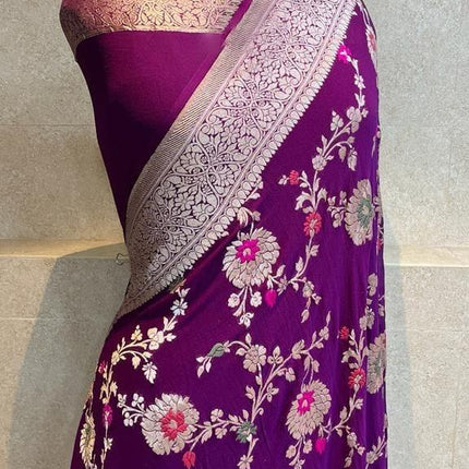 Banarasi Handloom Khaddi Georgette Silk Saree With Real Water Zari Weaving Work