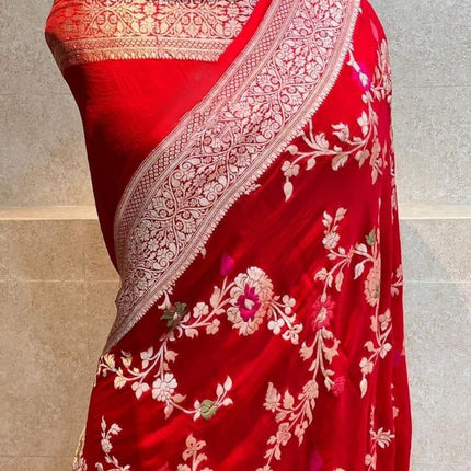 Banarasi Handloom Khaddi Georgette Silk Saree With Real Water Zari Weaving Work