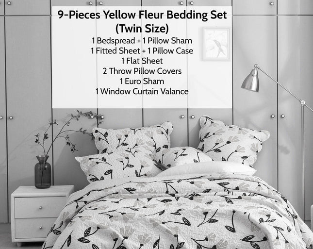 DaDa Bed in a Bag Bundle Set - Yellow Fleur Botanical Ivory Tan Floral Bedding Set (18112)