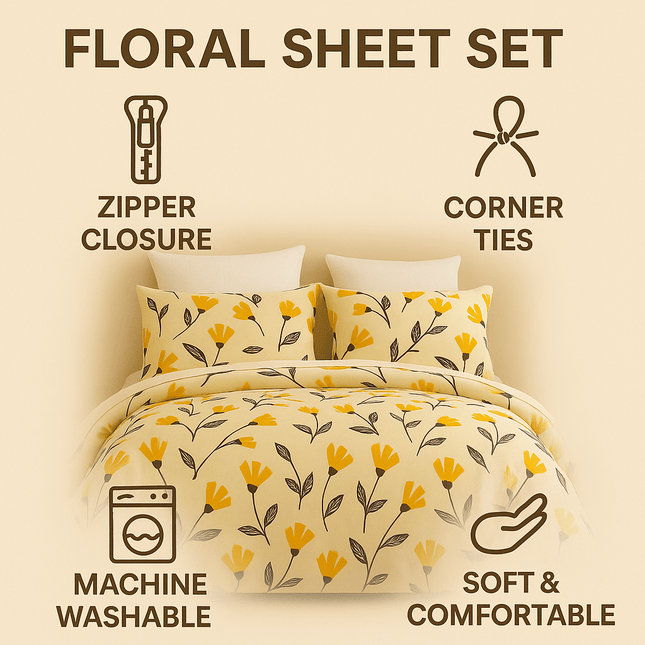 DaDa Bedding Yellow Fleur Floral Golden Orange Ivory Duvet Cover Set w/ Pillow Cases (18112)