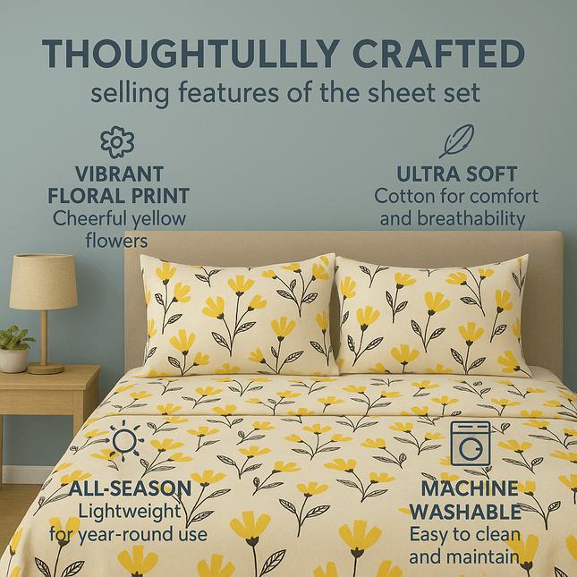 DaDa Bedding Yellow Fleur Golden Orange Floral Ivory Fitted & Flat Bed Sheets Set (18112)