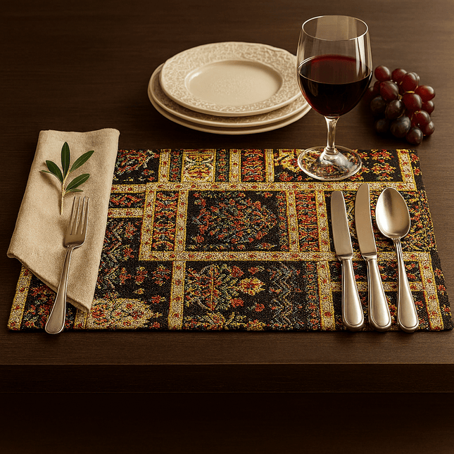 DaDalogy Bedding Set of 4-Pieces Dark Noir Mughal Floral Botanical Vintage Fleur Tapestry Placemats 13” x 19” (18197)