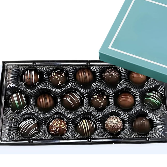 Andy Anand Chocolatier Gluten Free Belgian Dark Chocolate Truffles Gift Box - All-Natural Champagne, Rum, Amaretto, & Black Forest Flavors, Dark Chocolate Liqueur Center Filled Truffles (16 Pcs, 8 Oz)