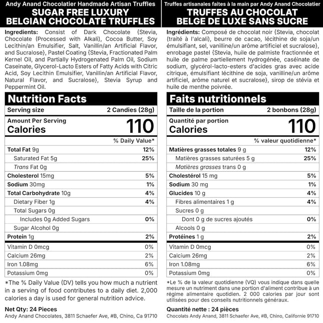 Andy Anand Sugar Free Belgian Chocolate Truffles – 24 Pc Assorted Flavors (Espresso, Hazelnut, Strawberry, Coconut, Cherry & Orange), 60% Chocolate (Cocoa Butter), Gluten-Free Chocolate Gift Box
