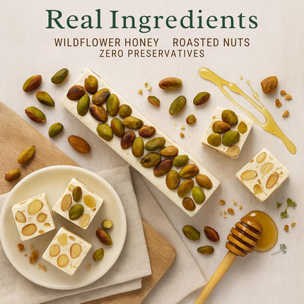 Andy Anand Chocolatier Gluten Free Roasted Pistachios Nougat Brittle – Luxuriously Creamy European Soft Nougat Candy Made with Wildflower Honey & Roasted Nuts (7 Oz)