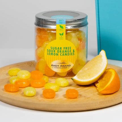 Andy Anand Chocolatier Sugar Free Sour Orange Hard Candy Boiled in Copper Kettle for Unique Taste - Naturally Flavored & Sweetened - Non-GMO, Gluten Free, Keto & Diabetic Friendly, Europe Special (28 Pcs - 7 Oz)