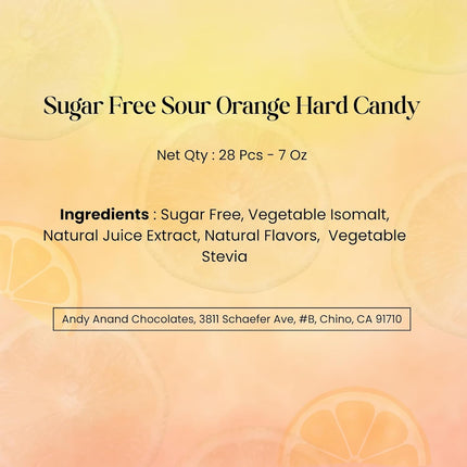Andy Anand Chocolatier Sugar Free Sour Orange Hard Candy Boiled in Copper Kettle for Unique Taste - Naturally Flavored & Sweetened - Non-GMO, Gluten Free, Keto & Diabetic Friendly, Europe Special (28 Pcs - 7 Oz)