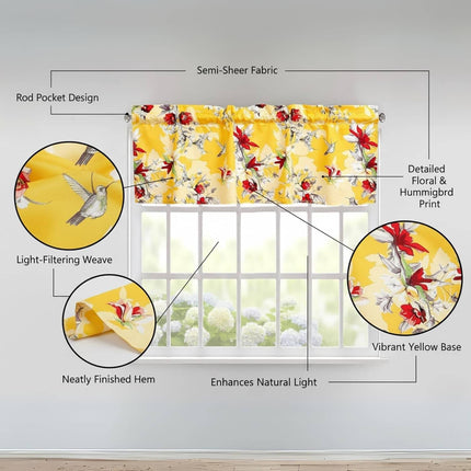 DaDa Bedding Floral Sunshine Yellow Hummingbirds Window Curtain Valance - 18" x 52" (JHW-925)