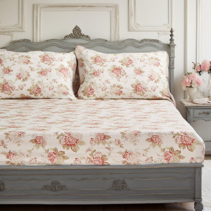 DaDa Bedding Hint of Mint Dainty Cottage Floral Roses Cotton Fitted Sheet w/ Pillow Case (3036)