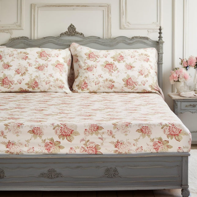 DaDa Bedding Hint of Mint Dainty Cottage Floral Roses Cotton Fitted Sheet w/ Pillow Case (3036)