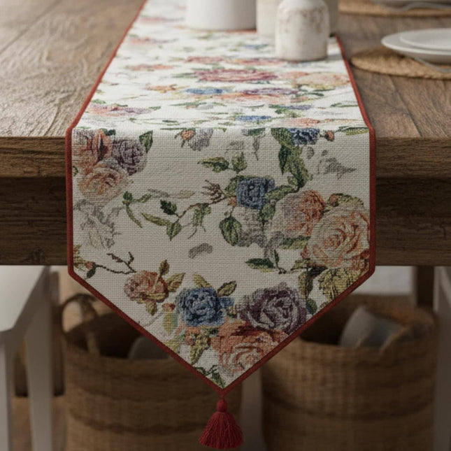 DaDa Bedding Vintage Romantic Roses Lovely Pink Floral Woven Tapestry Dining Table Runner (879)