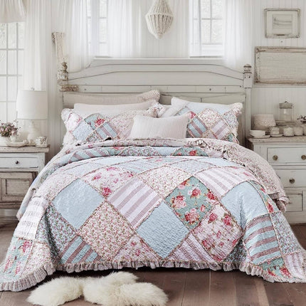 DaDa Bedding Hint of Mint Floral Pastel Cotton Patchwork Ruffle Bedspread Set (JHW-3036)