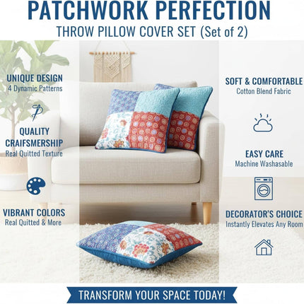 DaDa Bedding Set of 2-Pieces Bohemian Vibes Patchwork Floral Throw Pillow Covers, 18" x 18" (JHW878)