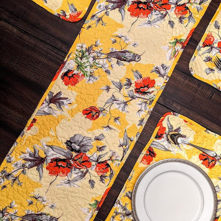 DaDalogy Bedding Sunshine Yellow Floral Vintage Hummingbirds Garden Table Runner (925)