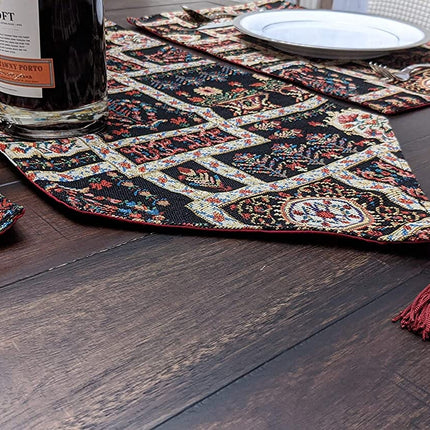 DaDalogy Bedding Elegant Woven Mughal Floral Tapestry Table Runner, Dark Noir Botanical Vintage Fleur (18197)