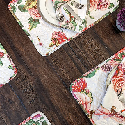DaDa Bedding Set of 4-Pieces Romantic Roses Pink Floral Quilted Dining Placemats 13” x 19” (879)