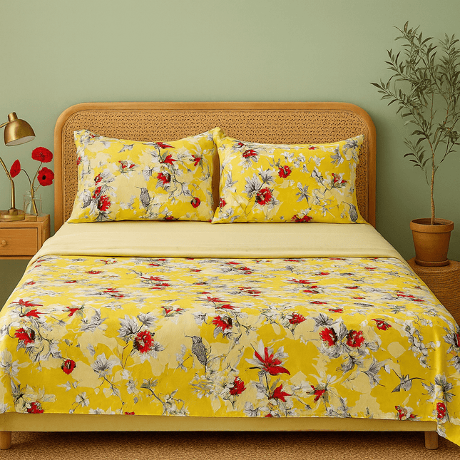 DaDa Bedding Sunshine Yellow Hummingbirds Floral Fitted & Flat Bed Sheets Set (JHW-925)