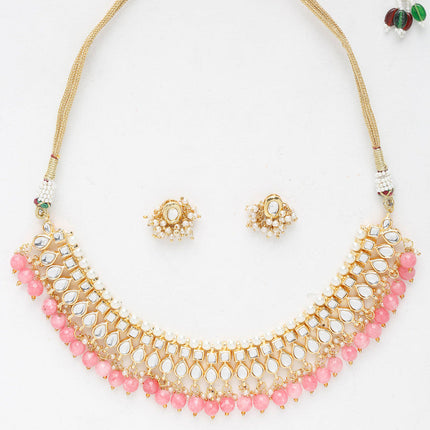 Beautiful Pink And Golden Precious Stone Kundan Choker With Studs Set