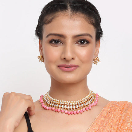 Beautiful Pink And Golden Precious Stone Kundan Choker With Studs Set
