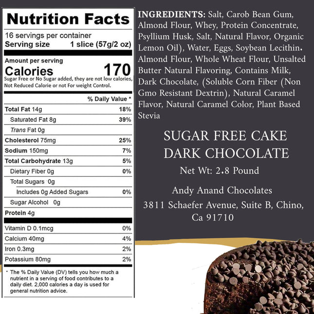 Andy Anand Sugar Free Chocolate Chip Cake - Divine dark chocolate chip Cake Delight - Best Birthday Cakes Delivery From Bakery (2.8 lbs)