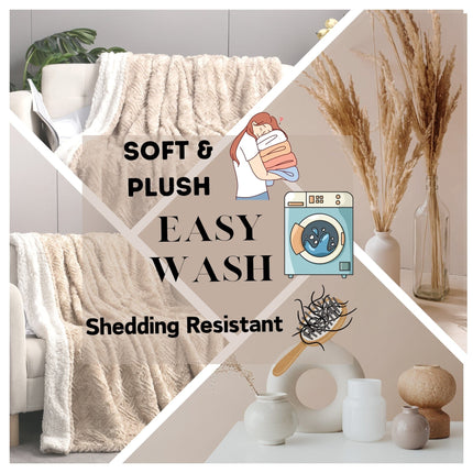 DaDalogy Bedding Champagne Ivory Faux Fur Throw Blanket - Dreamy Gold Geometric Embossed Sherpa Backside - Super Soft Warm Cozy Plush Fluffy