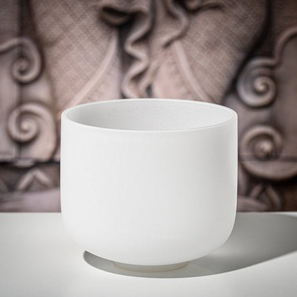 9" White-Frosted Crystal Singing Bowl, Note A4, Brow Chakra