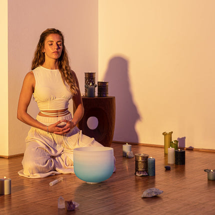 10" Color-Frosted Crystal Singing Bowl, Light Blue, Note G4, Throat Chakra