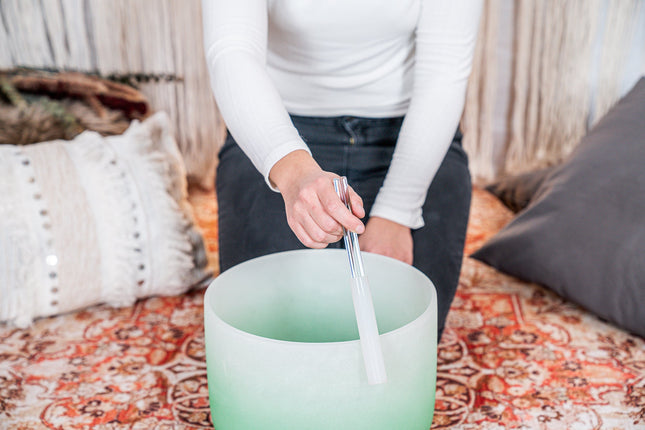 11" Color-Frosted Crystal Singing Bowl, Green, Note F4, Heart Chakra