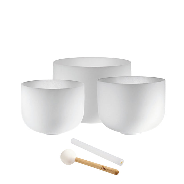 3-Piece White-Frosted Crystal Singing Bowl Set, A4/F4/C4, 432 Hz