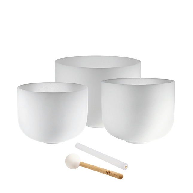 3-Piece White-Frosted Crystal Singing Bowl Set, A4/F4/D4, 432 Hz