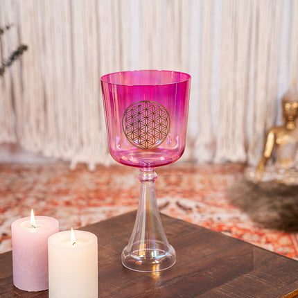 6" Crystal Singing Chalice, F4, Pink, Heart Chakra, Flower of Life