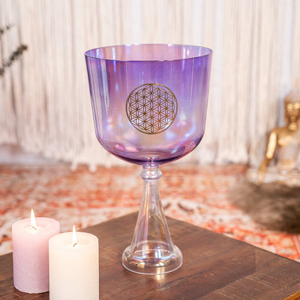 8" Crystal Singing Chalice, F3, Purple, Heart Chakra, Flower of Life