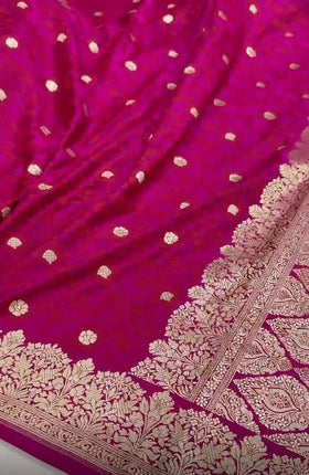 Beautiful Pure Mashru Silver Zari Satin Silk Dark Pink Saree