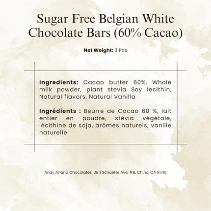 Andy Anand Chocolatier Sugar Free Belgian Dark Chocolate Bars (60% Cacao) Must for Dark Chocolate lovers, Stevia sweetened, Gourmet Gift Box - Silky, Rich, and Top-Tier Indulgence (3 Pcs)