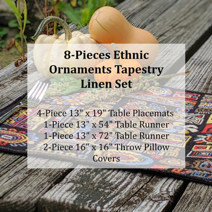 DaDa Bedding Set of 8 Pieces Ethnic Ornaments Table Woven Black Tapestry - 4 Placemats, 2 Table Runners, 2 Throw Pillow Covers (18118)