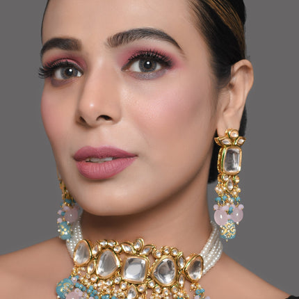 Tanjore Beaded Kundan Pastel Blue and Pink Necklace with Earrings