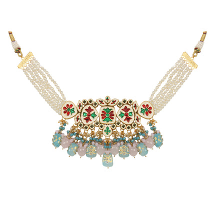 Tanjore Beaded Kundan Pastel Blue and Pink Necklace with Earrings