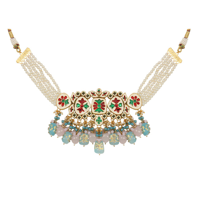 Tanjore Beaded Kundan Pastel Blue and Pink Necklace with Earrings