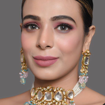 Tanjore Beaded Kundan Pastel Blue and Pink Necklace with Earrings