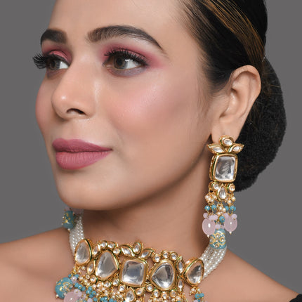 Tanjore Beaded Kundan Pastel Blue and Pink Necklace with Earrings