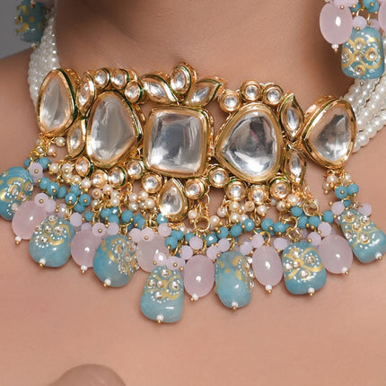 Tanjore Beaded Kundan Pastel Blue and Pink Necklace with Earrings