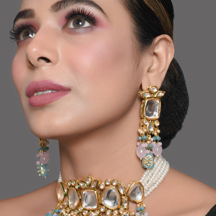 Tanjore Beaded Kundan Pastel Blue and Pink Necklace with Earrings