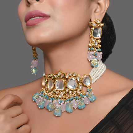 Tanjore Beaded Kundan Pastel Blue and Pink Necklace with Earrings