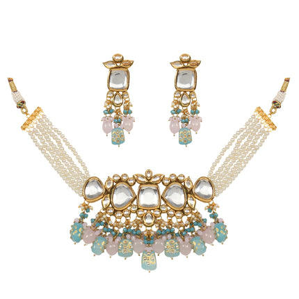 Tanjore Beaded Kundan Pastel Blue and Pink Necklace with Earrings