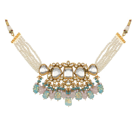 Tanjore Beaded Kundan Pastel Blue and Pink Necklace with Earrings